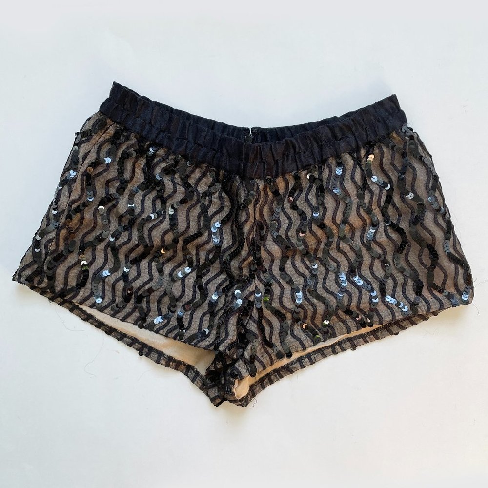 Candela Vintage Sequin Micro Shorts Dance Pants Black Tan Sheer Short Festive XS